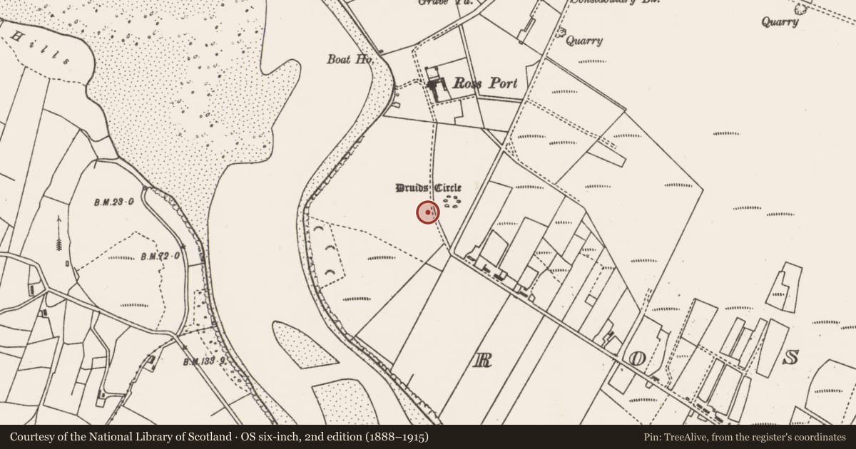 Ordnance Survey six-inch map, 2nd edition (1888–1915) covering the location of Megalithic tomb - court tomb, Ros Dumhach, County Mayo, with a pin at the register's coordinates
