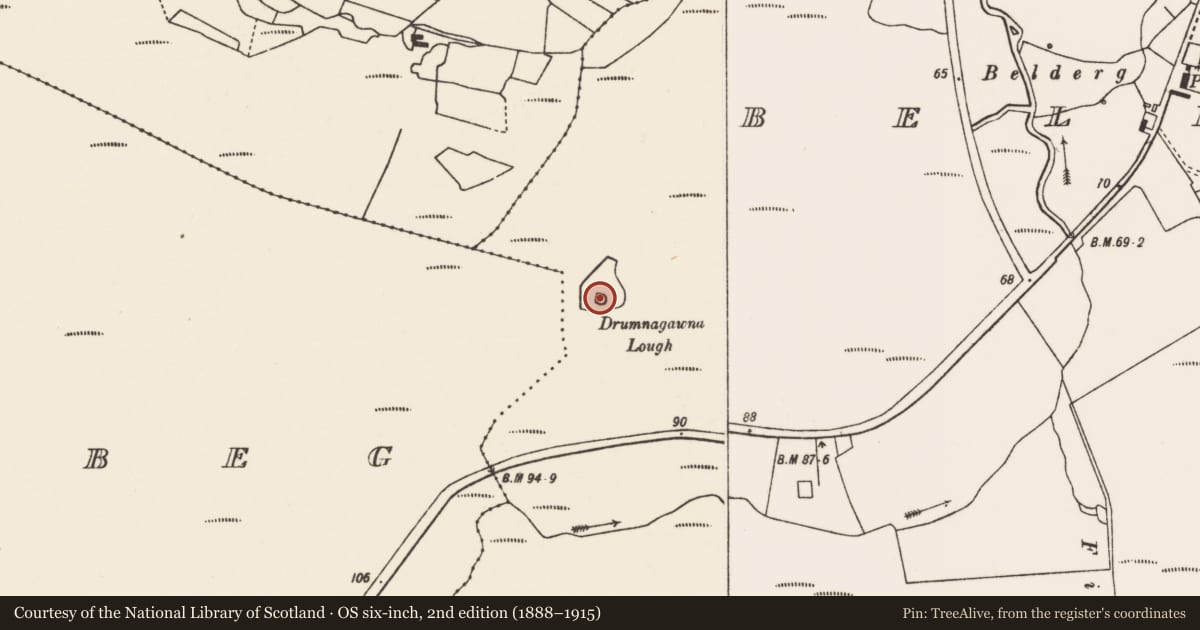 Ordnance Survey six-inch map, 2nd edition (1888–1915) covering the location of Crannog, Béal Deirg Mór, County Mayo, with a pin at the register's coordinates