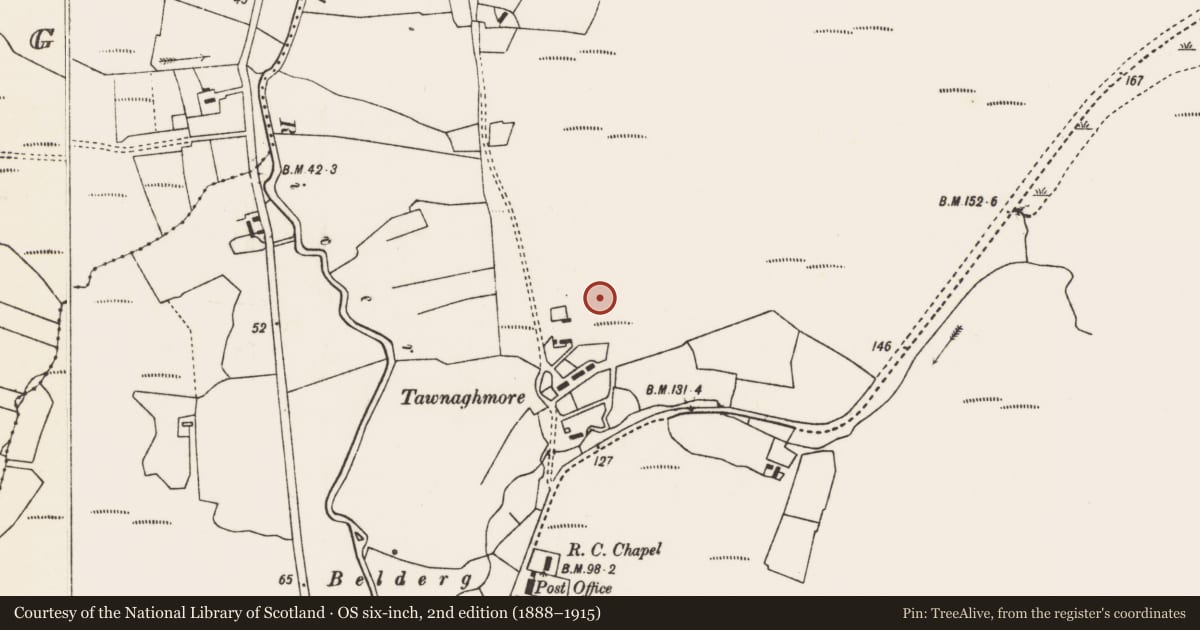 Ordnance Survey six-inch map, 2nd edition (1888–1915) covering the location of Megalithic tomb - unclassified, Béal Deirg Mór, County Mayo, with a pin at the register's coordinates
