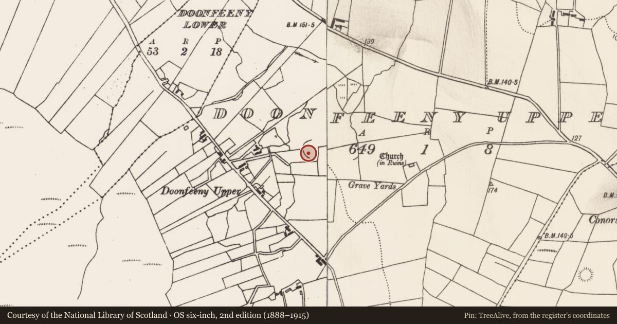 Ordnance Survey six-inch map, 2nd edition (1888–1915) covering the location of Ringfort - rath, Doonfeeny Upper, County Mayo, with a pin at the register's coordinates