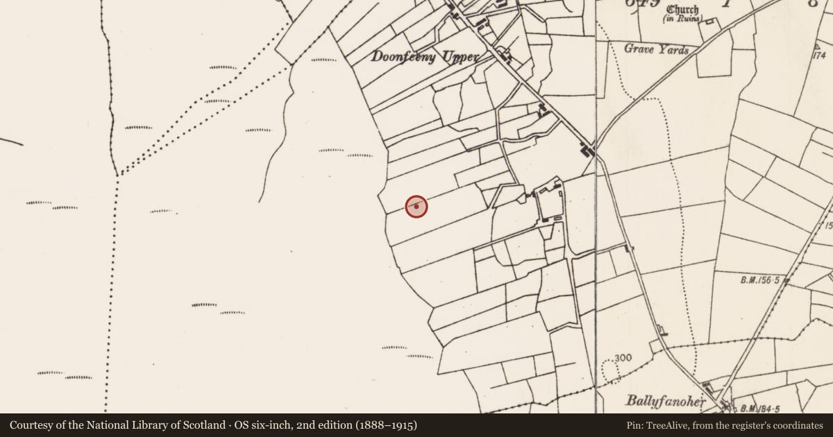 Ordnance Survey six-inch map, 2nd edition (1888–1915) covering the location of Ringfort - cashel, Doonfeeny Upper, County Mayo, with a pin at the register's coordinates
