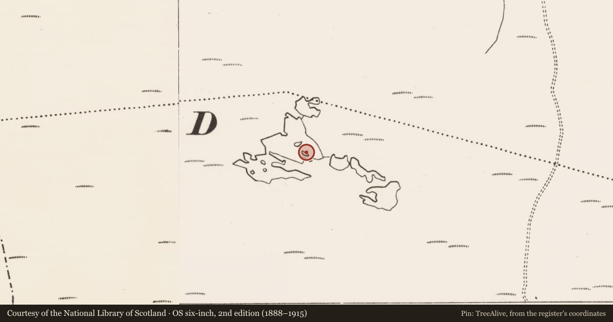 Ordnance Survey six-inch map, 2nd edition (1888–1915) covering the location of Crannog, Ráth Aibhistín, County Mayo, with a pin at the register's coordinates