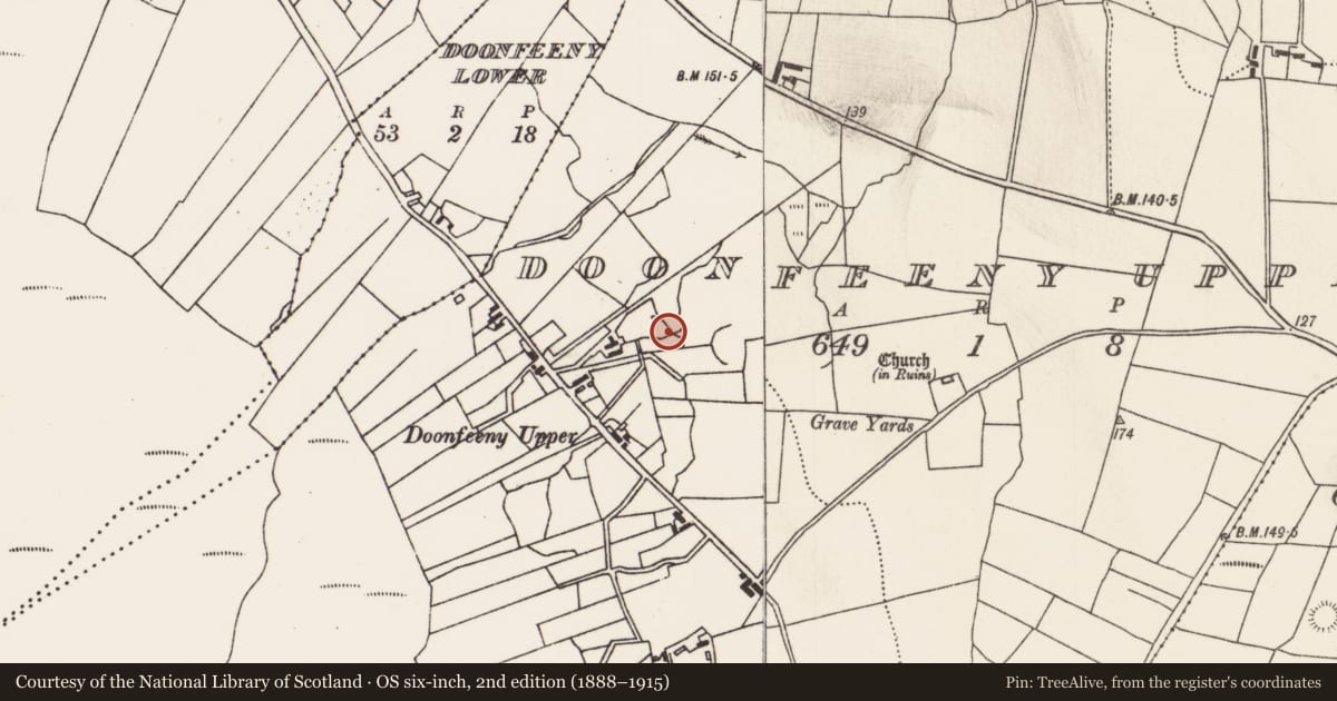 Ordnance Survey six-inch map, 2nd edition (1888–1915) covering the location of Ritual site - holy well, Doonfeeny Upper, County Mayo, with a pin at the register's coordinates