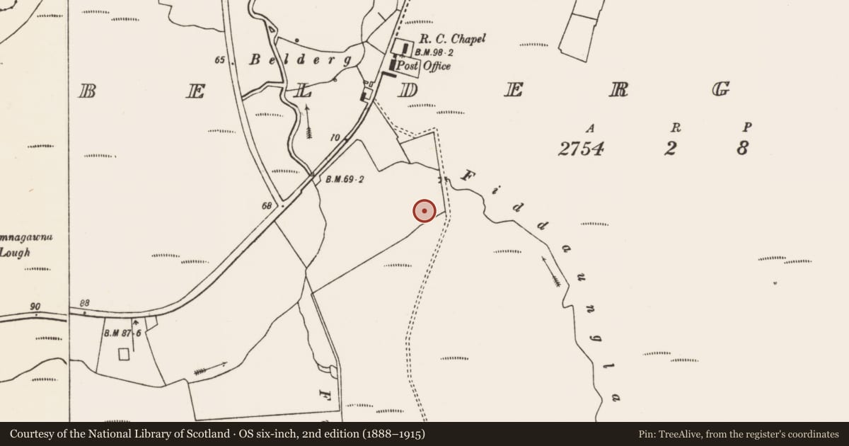 Ordnance Survey six-inch map, 2nd edition (1888–1915) covering the location of Enclosure, Béal Deirg Mór, County Mayo, with a pin at the register's coordinates