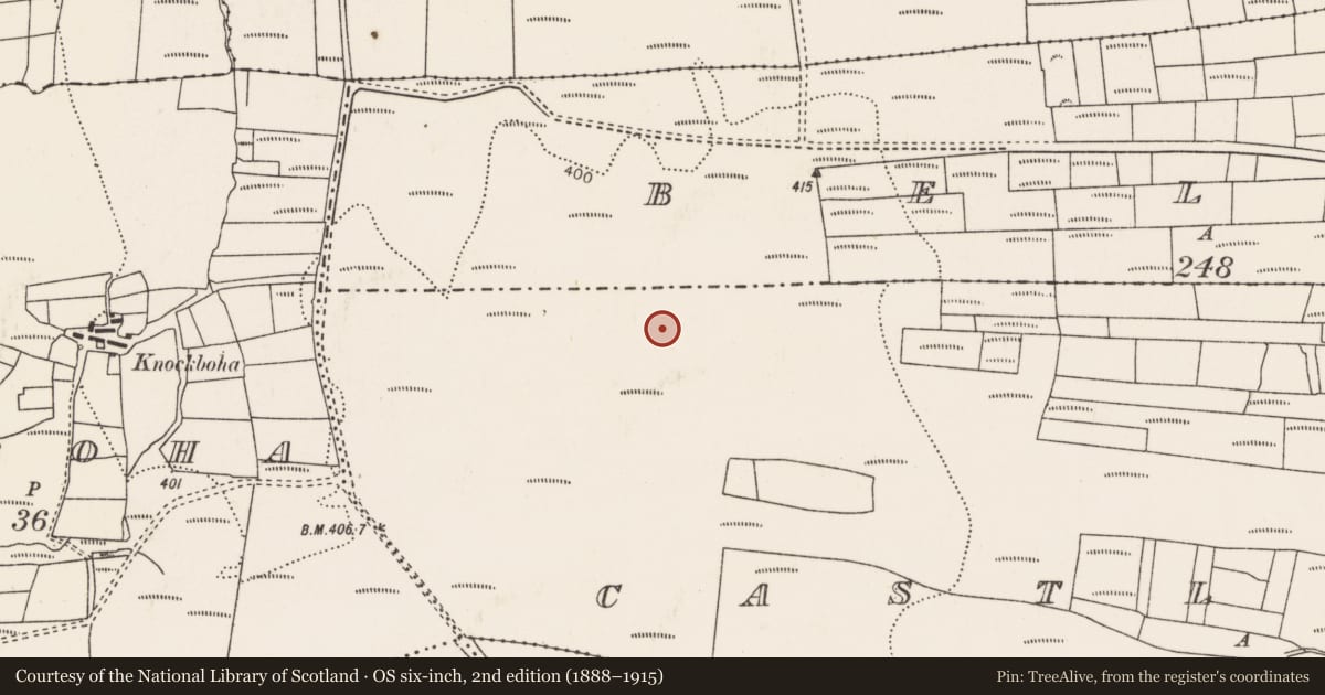 Ordnance Survey six-inch map, 2nd edition (1888–1915) covering the location of Megalithic tomb - court tomb, Castletown (Tirawley By., Lackan Par.), County Mayo, with a pin at the register's coordinates