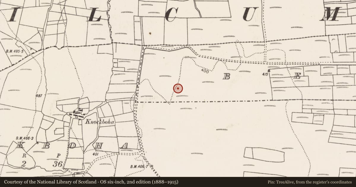 Ordnance Survey six-inch map, 2nd edition (1888–1915) covering the location of House - indeterminate date, Beltra (Tirawley By., Lackan Par.), County Mayo, with a pin at the register's coordinates