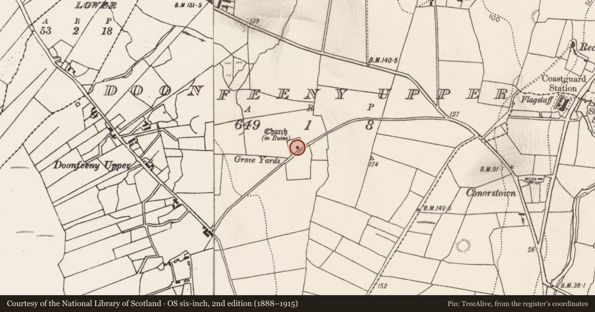 Ordnance Survey six-inch map, 2nd edition (1888–1915) covering the location of Graveyard, Doonfeeny Upper, County Mayo, with a pin at the register's coordinates