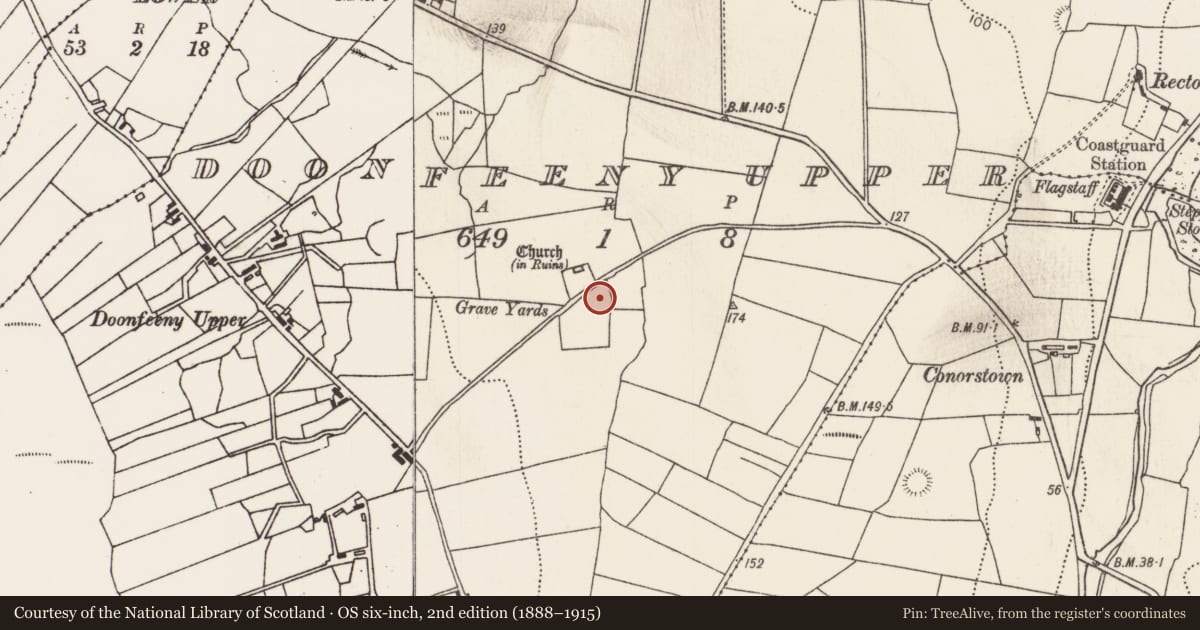 Ordnance Survey six-inch map, 2nd edition (1888–1915) covering the location of Cross-inscribed pillar, Doonfeeny Upper, County Mayo, with a pin at the register's coordinates