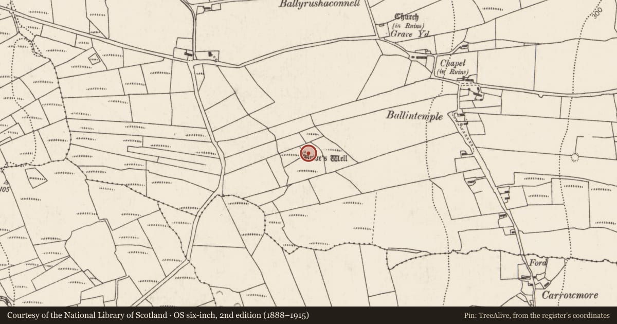 Ordnance Survey six-inch map, 2nd edition (1888–1915) covering the location of Penitential station, Kilbride, County Mayo, with a pin at the register's coordinates