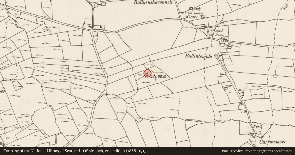 Ordnance Survey six-inch map, 2nd edition (1888–1915) covering the location of Enclosure, Kilbride, County Mayo, with a pin at the register's coordinates