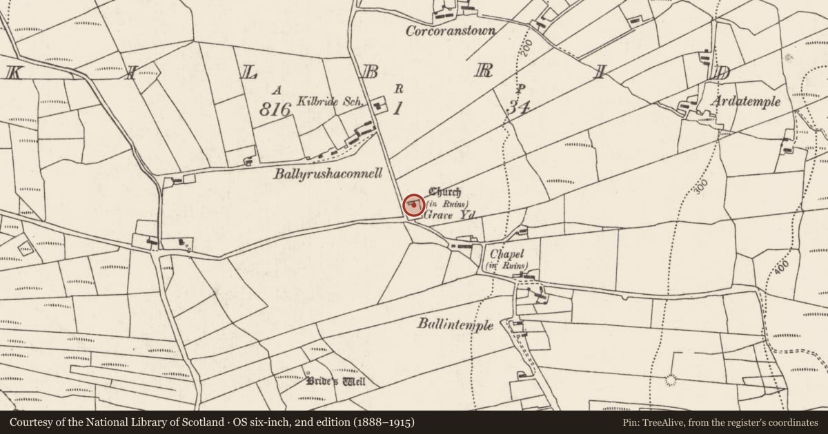 Ordnance Survey six-inch map, 2nd edition (1888–1915) covering the location of Church, Kilbride, County Mayo, with a pin at the register's coordinates