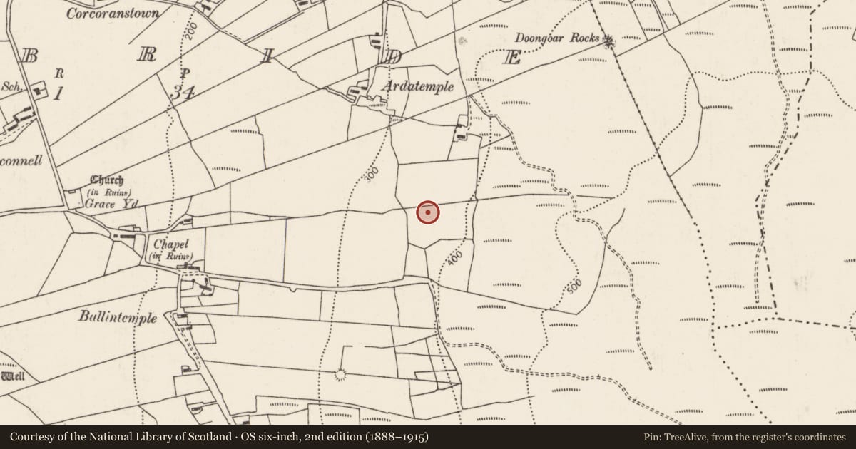 Ordnance Survey six-inch map, 2nd edition (1888–1915) covering the location of Cross-inscribed stone, Kilbride, County Mayo, with a pin at the register's coordinates