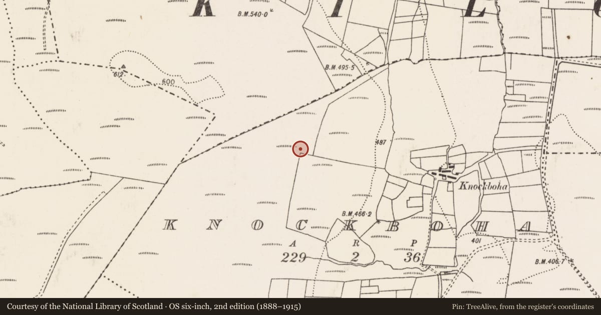 Ordnance Survey six-inch map, 2nd edition (1888–1915) covering the location of Cairn - unclassified, Knockboha, County Mayo, with a pin at the register's coordinates