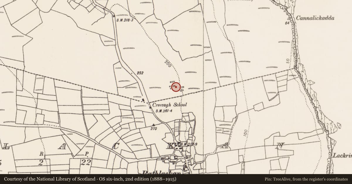 Ordnance Survey six-inch map, 2nd edition (1888–1915) covering the location of Building, Creevagh, County Mayo, with a pin at the register's coordinates