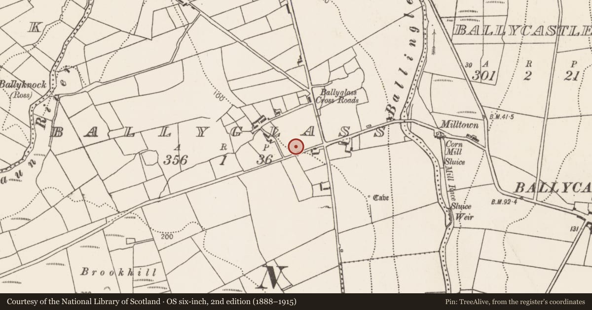 Ordnance Survey six-inch map, 2nd edition (1888–1915) covering the location of Hut site, Ballyglass (Tirawley By., Doonfeeny Par.), County Mayo, with a pin at the register's coordinates