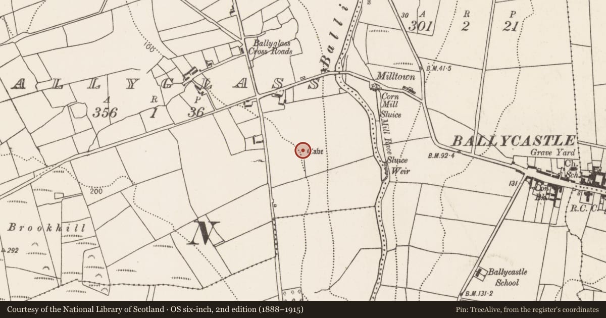 Ordnance Survey six-inch map, 2nd edition (1888–1915) covering the location of Souterrain, Ballyglass (Tirawley By., Doonfeeny Par.), County Mayo, with a pin at the register's coordinates