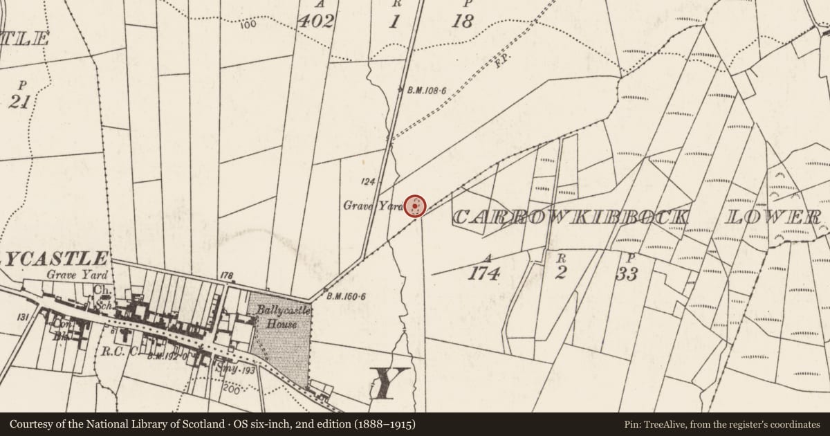 Ordnance Survey six-inch map, 2nd edition (1888–1915) covering the location of Children's burial ground, Carrownisky, County Mayo, with a pin at the register's coordinates