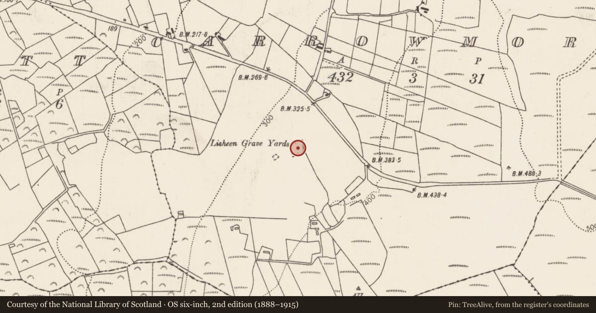 Ordnance Survey six-inch map, 2nd edition (1888–1915) covering the location of Children's burial ground, Carrowmore (Tirawley By., Kilbride Par.), County Mayo, with a pin at the register's coordinates