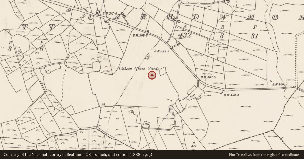Ordnance Survey six-inch map, 2nd edition (1888–1915) covering the location of Children's burial ground, Carrowmore (Tirawley By., Kilbride Par.), County Mayo, with a pin at the register's coordinates
