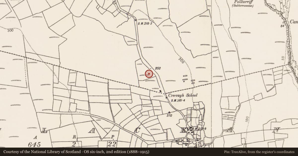 Ordnance Survey six-inch map, 2nd edition (1888–1915) covering the location of Megalithic tomb - wedge tomb, Creevagh, County Mayo, with a pin at the register's coordinates