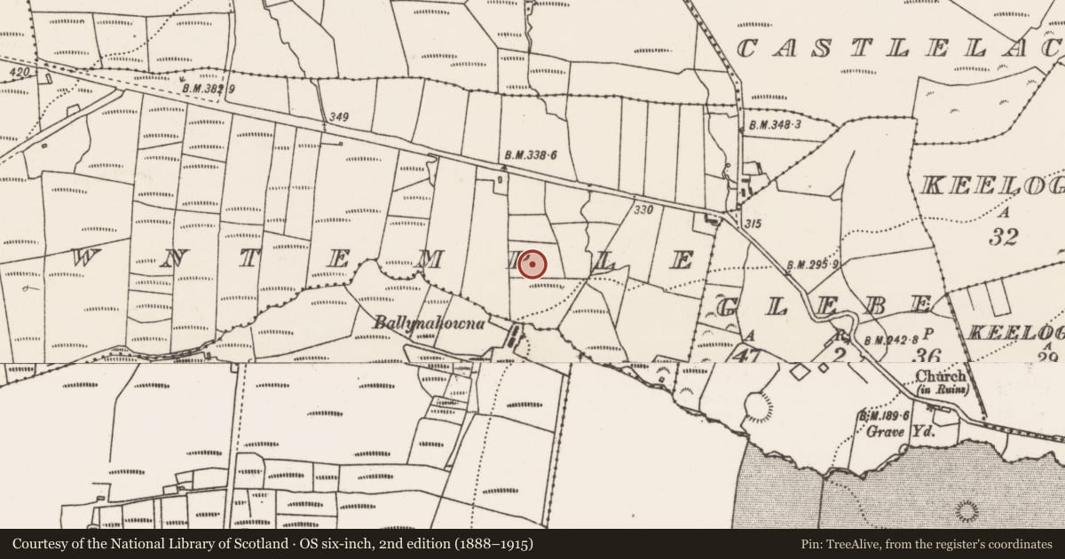 Ordnance Survey six-inch map, 2nd edition (1888–1915) covering the location of Megalithic tomb - court tomb, Lecarrowntemple, County Mayo, with a pin at the register's coordinates