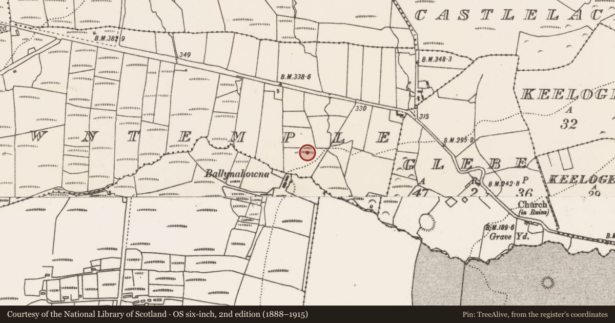 Ordnance Survey six-inch map, 2nd edition (1888–1915) covering the location of Megalithic tomb - court tomb, Lecarrowntemple, County Mayo, with a pin at the register's coordinates
