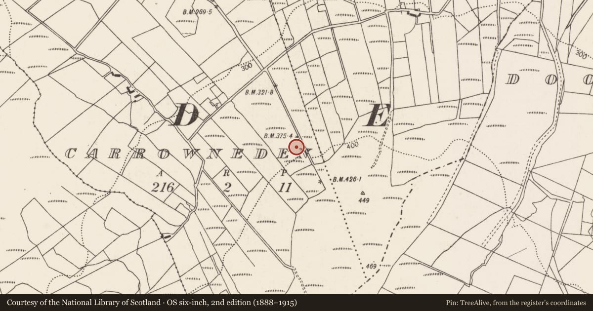 Ordnance Survey six-inch map, 2nd edition (1888–1915) covering the location of Enclosure, Carrowneden, County Mayo, with a pin at the register's coordinates