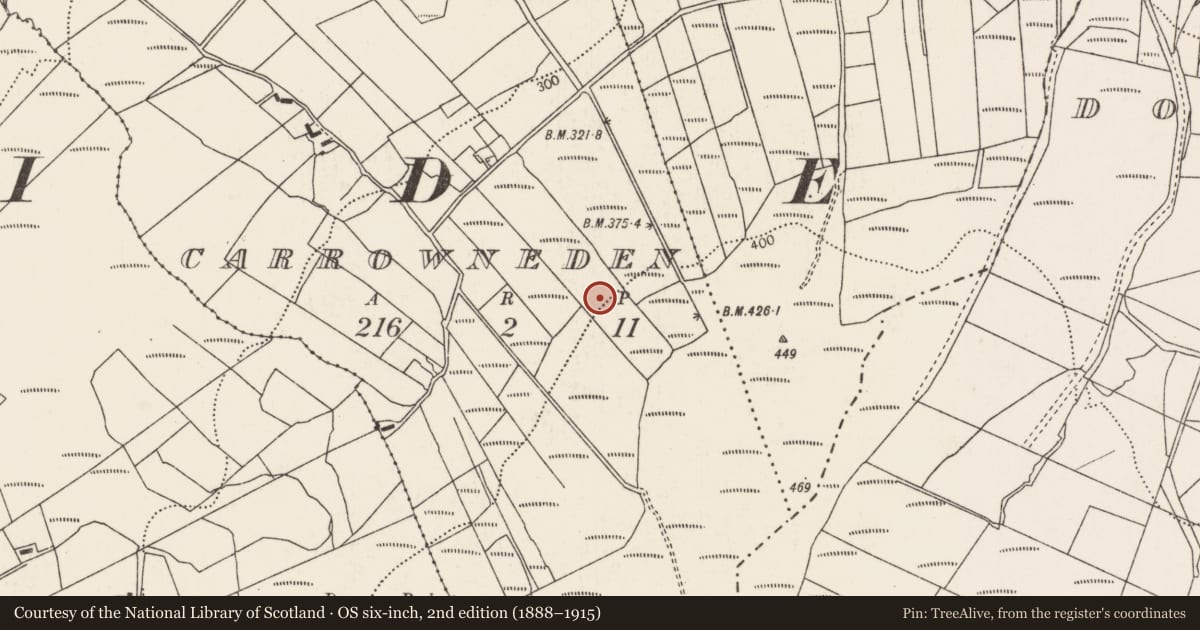Ordnance Survey six-inch map, 2nd edition (1888–1915) covering the location of Enclosure, Carrowneden, County Mayo, with a pin at the register's coordinates