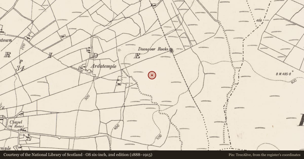 Ordnance Survey six-inch map, 2nd edition (1888–1915) covering the location of Habitation site, Kilbride, County Mayo, with a pin at the register's coordinates