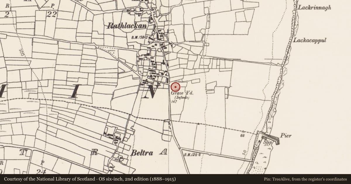 Ordnance Survey six-inch map, 2nd edition (1888–1915) covering the location of Enclosure, Rathlackan, County Mayo, with a pin at the register's coordinates