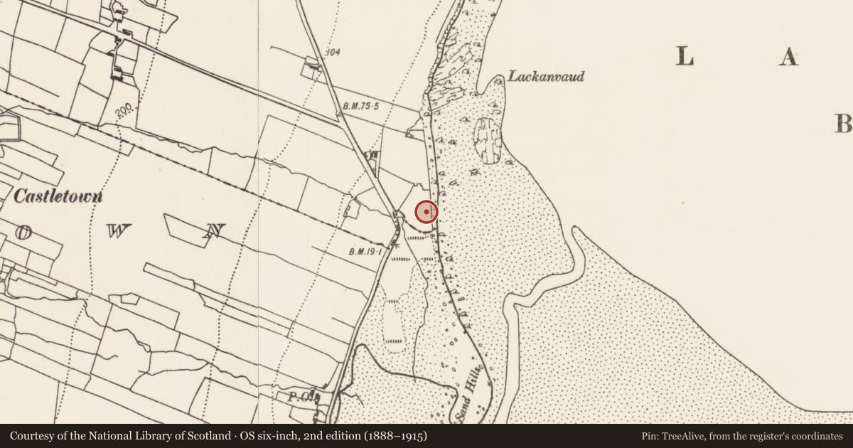 Ordnance Survey six-inch map, 2nd edition (1888–1915) covering the location of Burial mound, Beltra (Tirawley By., Lackan Par.), County Mayo, with a pin at the register's coordinates