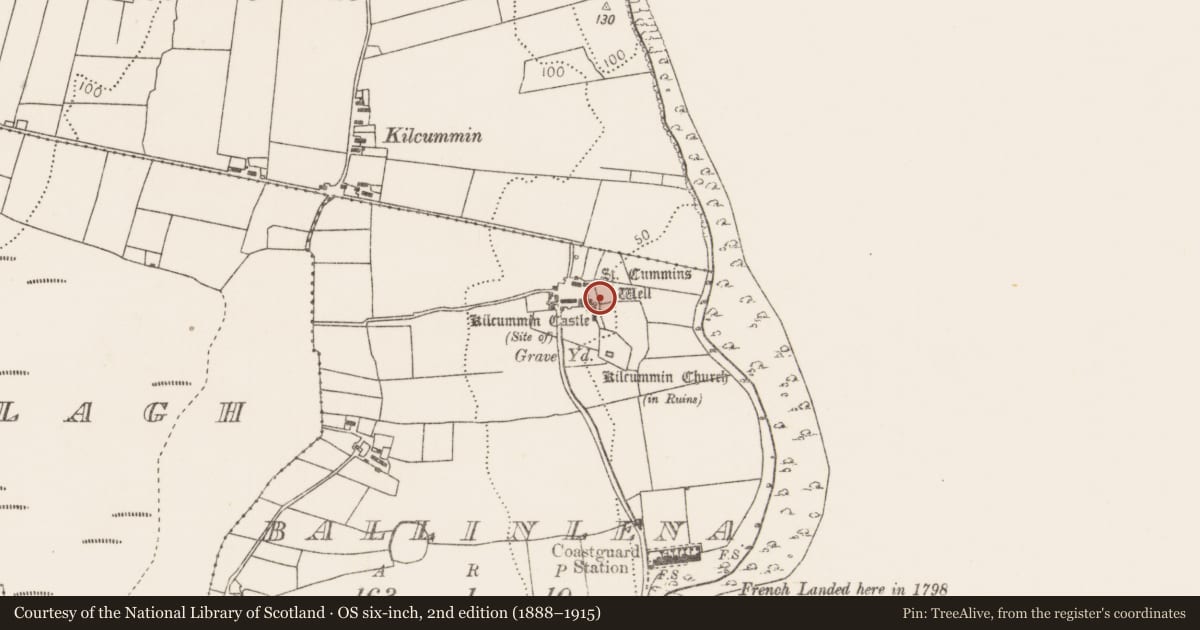Ordnance Survey six-inch map, 2nd edition (1888–1915) covering the location of Ritual site - holy well, Ballinlena, County Mayo, with a pin at the register's coordinates