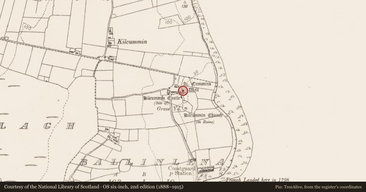 Ordnance Survey six-inch map, 2nd edition (1888–1915) covering the location of Inscribed stone, Ballinlena, County Mayo, with a pin at the register's coordinates