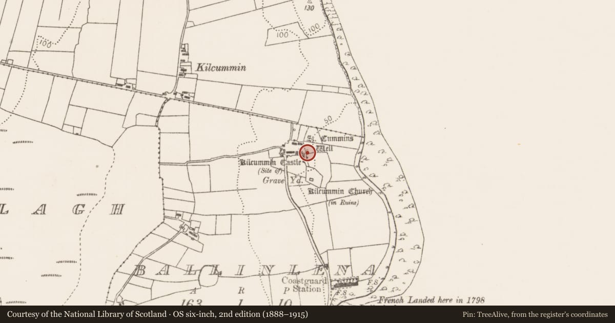 Ordnance Survey six-inch map, 2nd edition (1888–1915) covering the location of Penitential station, Ballinlena, County Mayo, with a pin at the register's coordinates