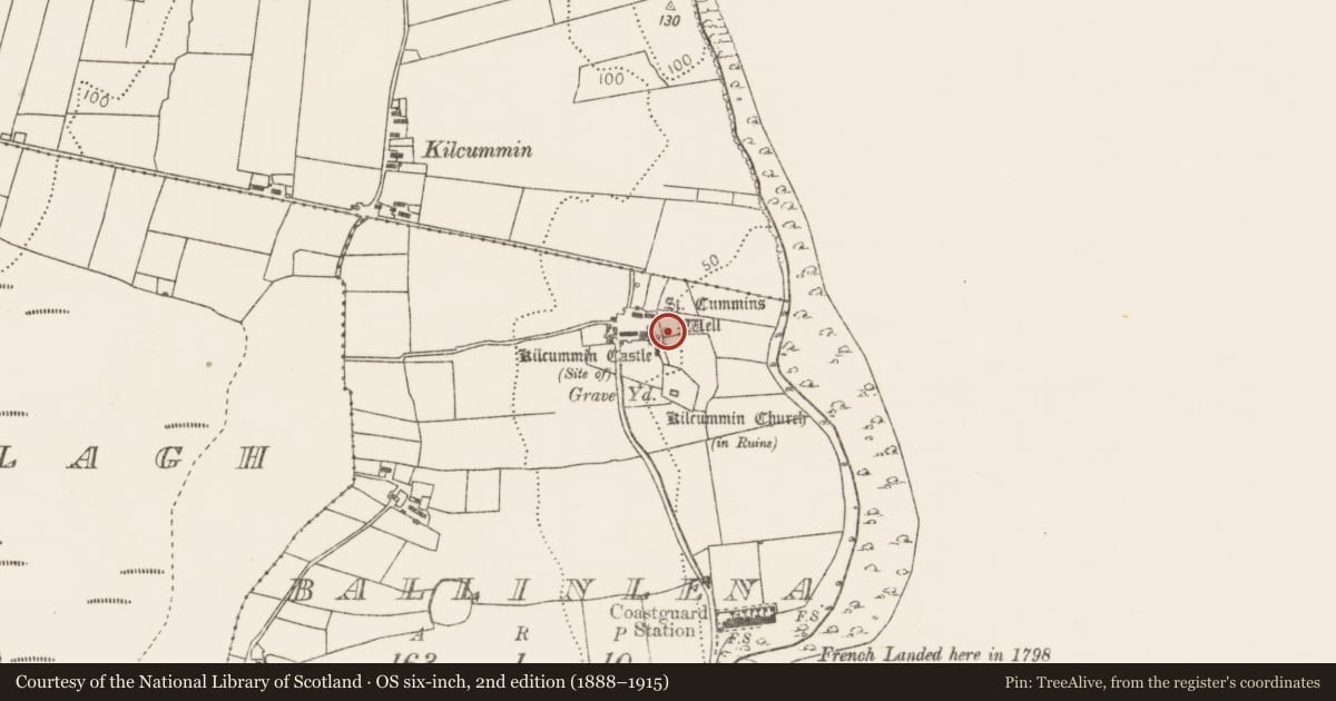 Ordnance Survey six-inch map, 2nd edition (1888–1915) covering the location of Penitential station, Ballinlena, County Mayo, with a pin at the register's coordinates