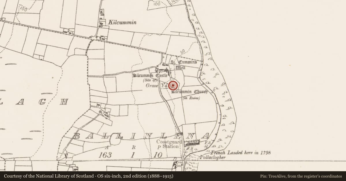 Ordnance Survey six-inch map, 2nd edition (1888–1915) covering the location of Church, Ballinlena, County Mayo, with a pin at the register's coordinates