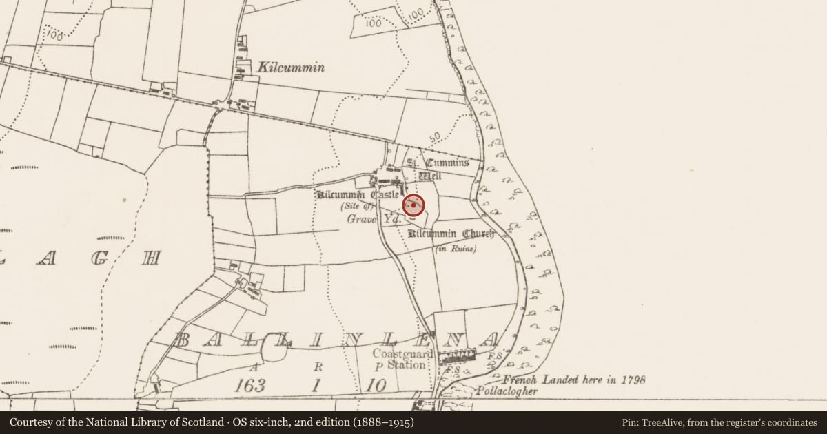 Ordnance Survey six-inch map, 2nd edition (1888–1915) covering the location of Shrine, Ballinlena, County Mayo, with a pin at the register's coordinates