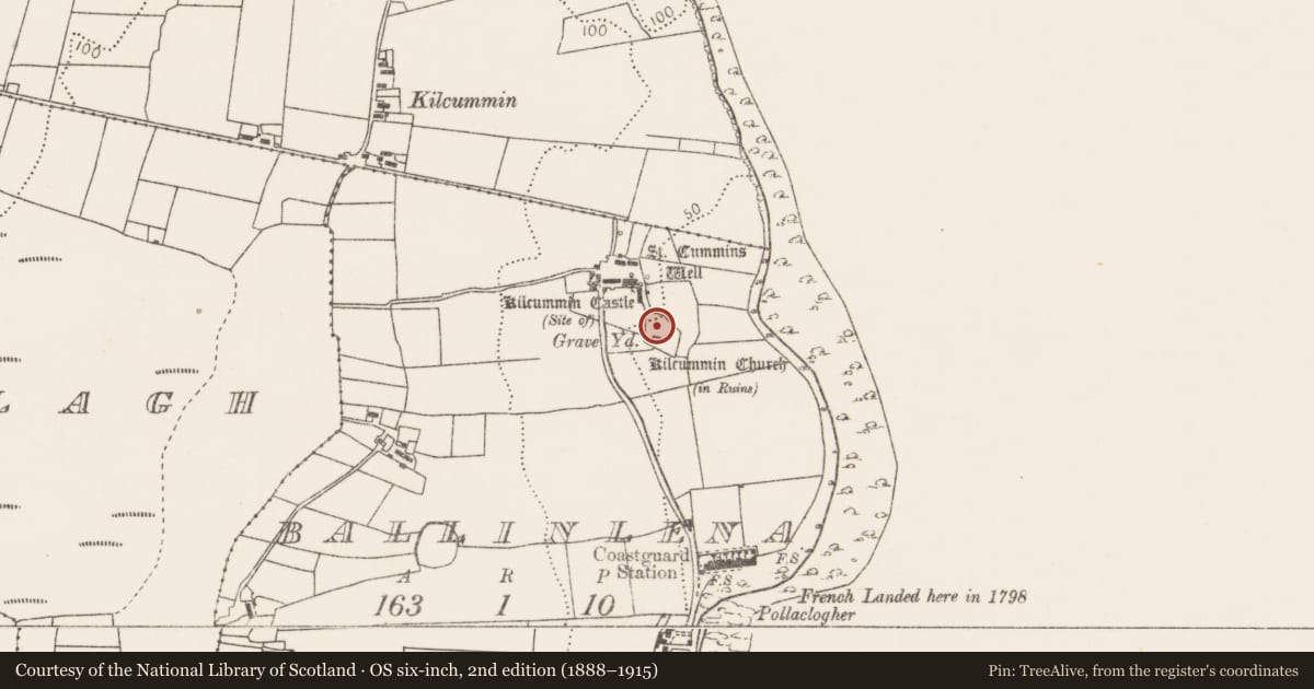 Ordnance Survey six-inch map, 2nd edition (1888–1915) covering the location of Inscribed stone, Ballinlena, County Mayo, with a pin at the register's coordinates