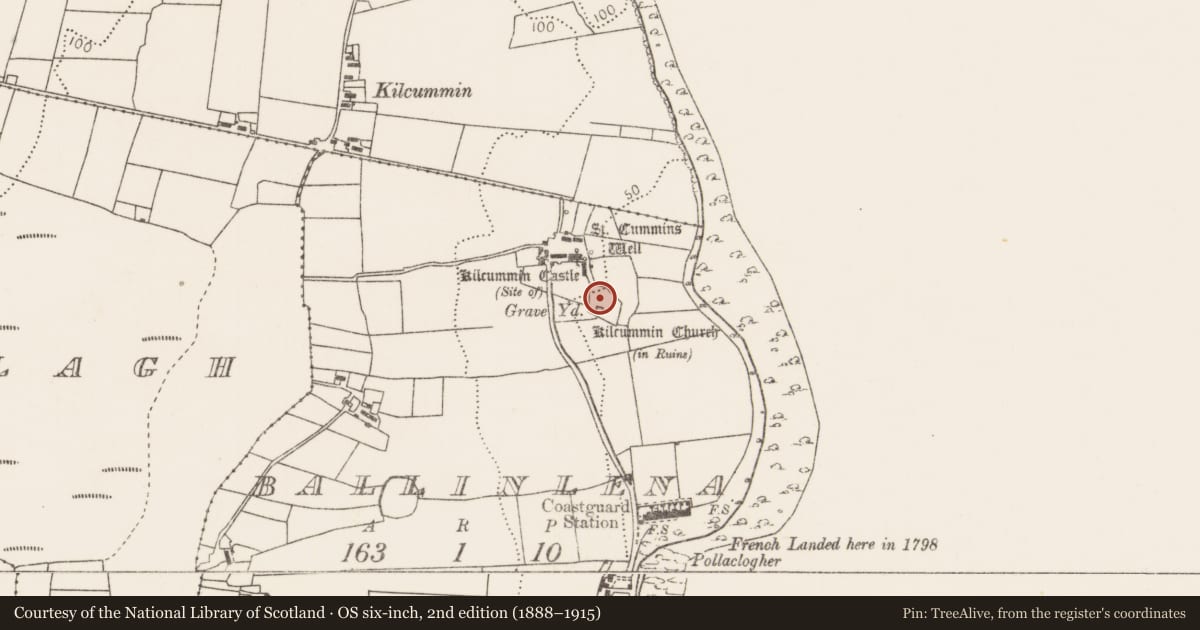 Ordnance Survey six-inch map, 2nd edition (1888–1915) covering the location of Graveyard, Ballinlena, County Mayo, with a pin at the register's coordinates