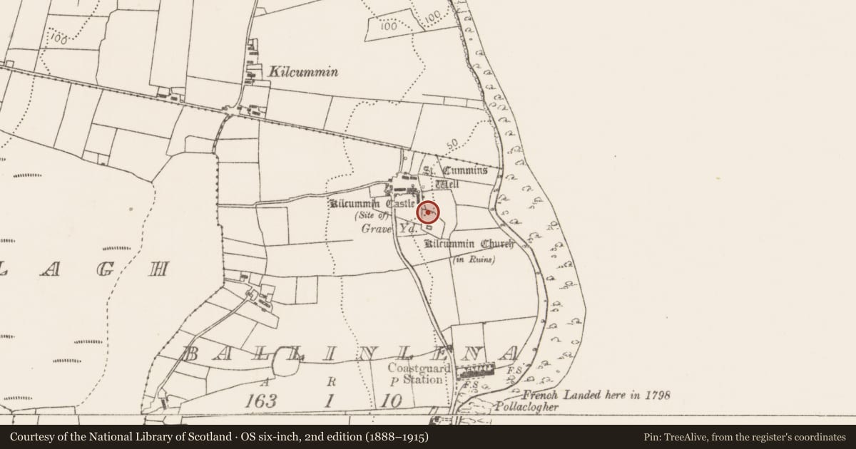 Ordnance Survey six-inch map, 2nd edition (1888–1915) covering the location of Sundial, Ballinlena, County Mayo, with a pin at the register's coordinates