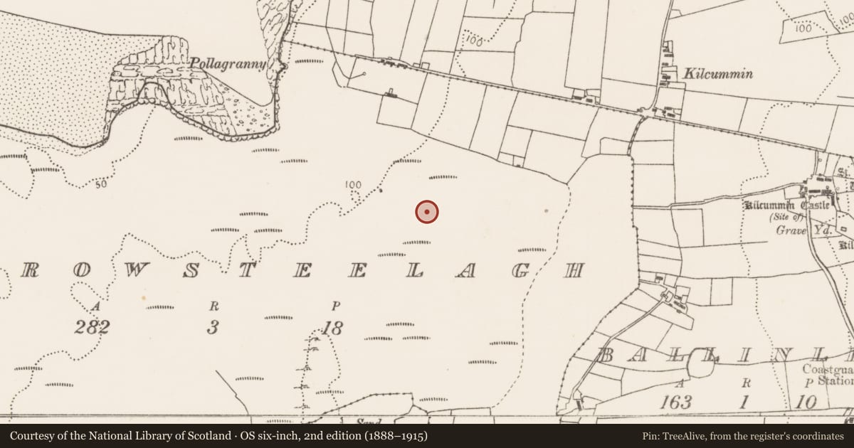 Ordnance Survey six-inch map, 2nd edition (1888–1915) covering the location of Midden, Carrowsteelagh, County Mayo, with a pin at the register's coordinates