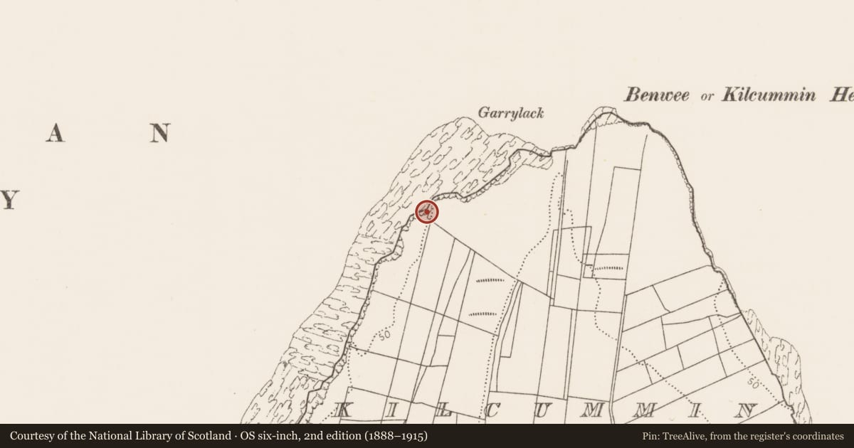 Ordnance Survey six-inch map, 2nd edition (1888–1915) covering the location of Midden, Kilcummin, County Mayo, with a pin at the register's coordinates