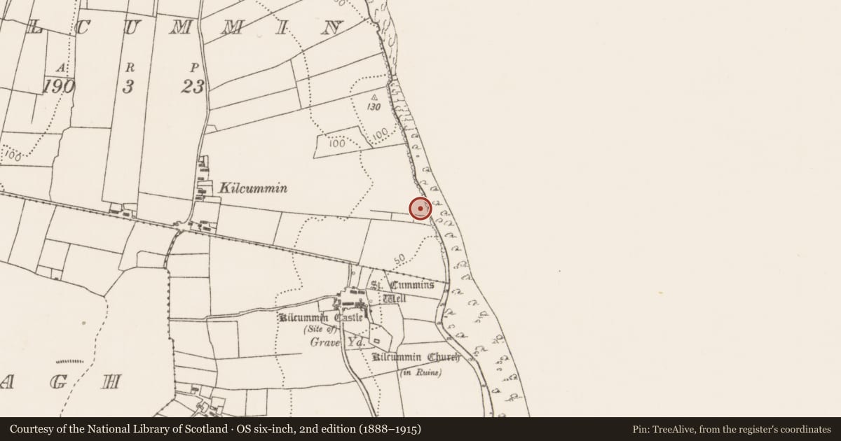 Ordnance Survey six-inch map, 2nd edition (1888–1915) covering the location of Mound, Kilcummin, County Mayo, with a pin at the register's coordinates