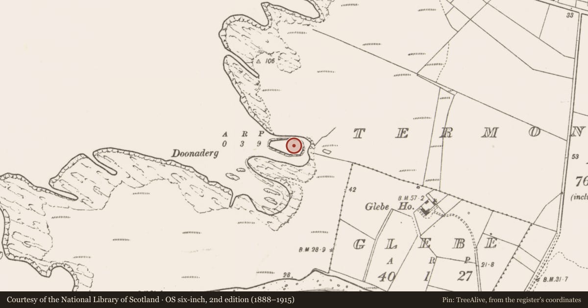 Ordnance Survey six-inch map, 2nd edition (1888–1915) covering the location of Promontory fort - coastal, Tearmann Caithreach, County Mayo, with a pin at the register's coordinates