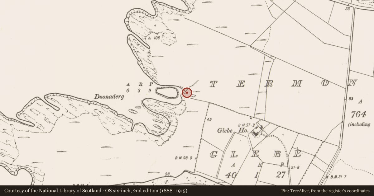 Ordnance Survey six-inch map, 2nd edition (1888–1915) covering the location of Earthwork, Tearmann Caithreach, County Mayo, with a pin at the register's coordinates