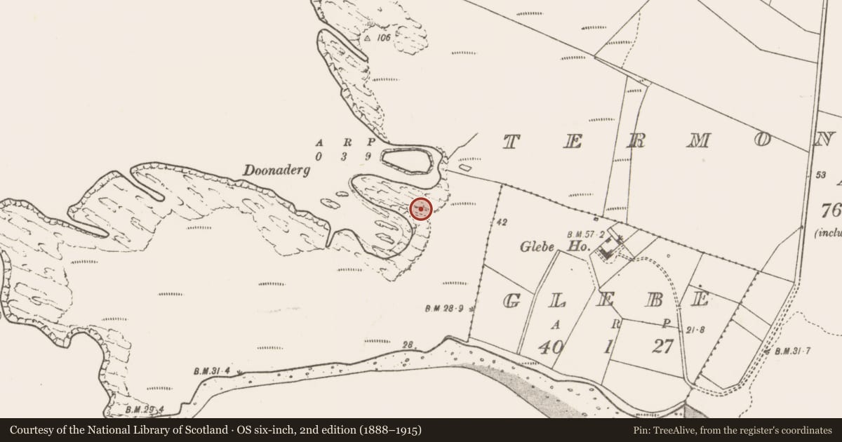 Ordnance Survey six-inch map, 2nd edition (1888–1915) covering the location of Promontory fort - coastal, Tearmann Caithreach, County Mayo, with a pin at the register's coordinates
