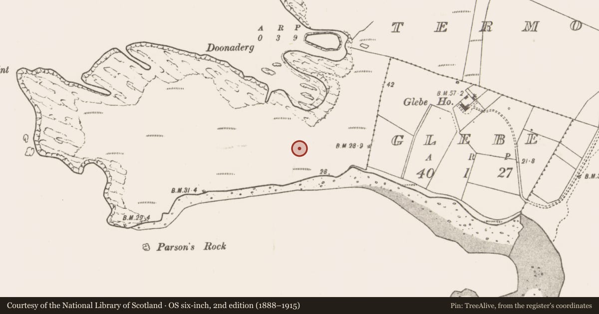 Ordnance Survey six-inch map, 2nd edition (1888–1915) covering the location of House - indeterminate date, Tearmann Caithreach, County Mayo, with a pin at the register's coordinates