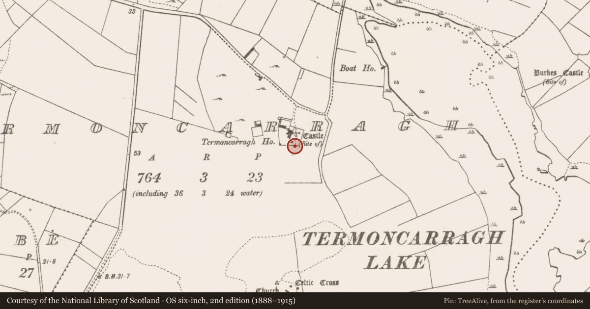 Ordnance Survey six-inch map, 2nd edition (1888–1915) covering the location of Bawn, Tearmann Caithreach, County Mayo, with a pin at the register's coordinates