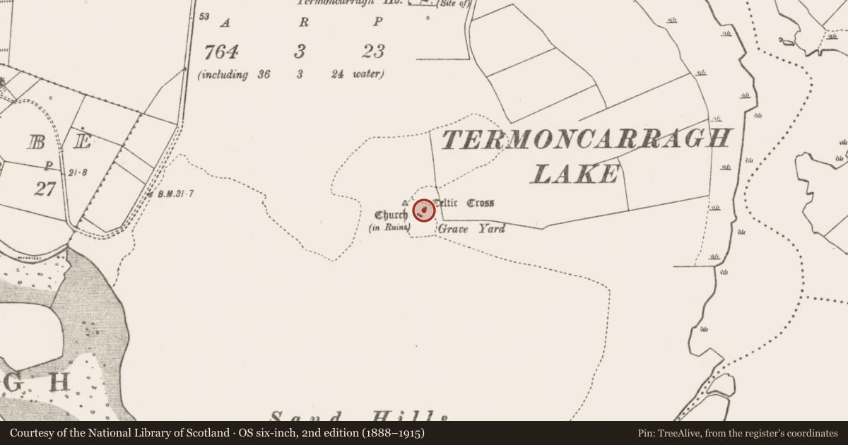 Ordnance Survey six-inch map, 2nd edition (1888–1915) covering the location of Architectural fragment, Tearmann Caithreach, County Mayo, with a pin at the register's coordinates
