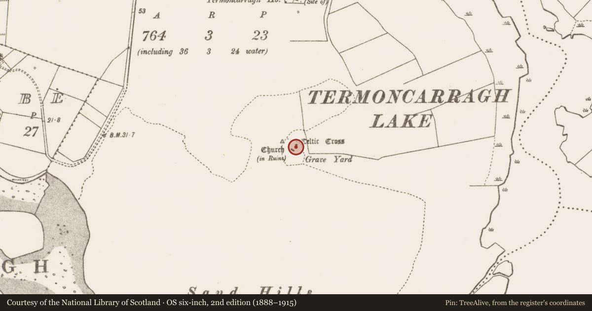 Ordnance Survey six-inch map, 2nd edition (1888–1915) covering the location of Cross, Tearmann Caithreach, County Mayo, with a pin at the register's coordinates